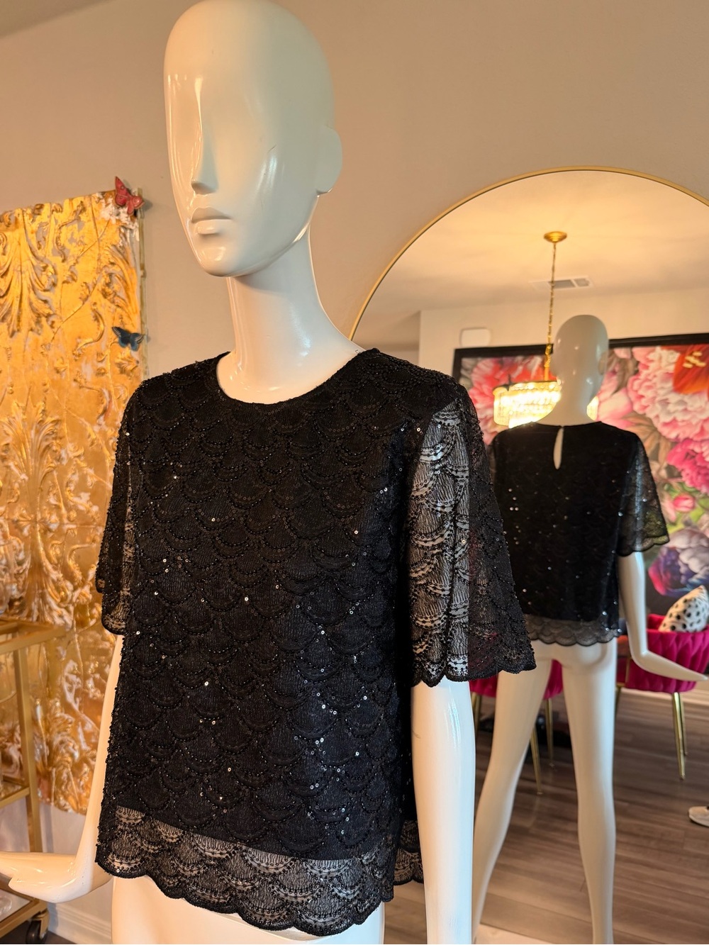 Anthropologie Black Lace Sequin Short Sleeve Blouse